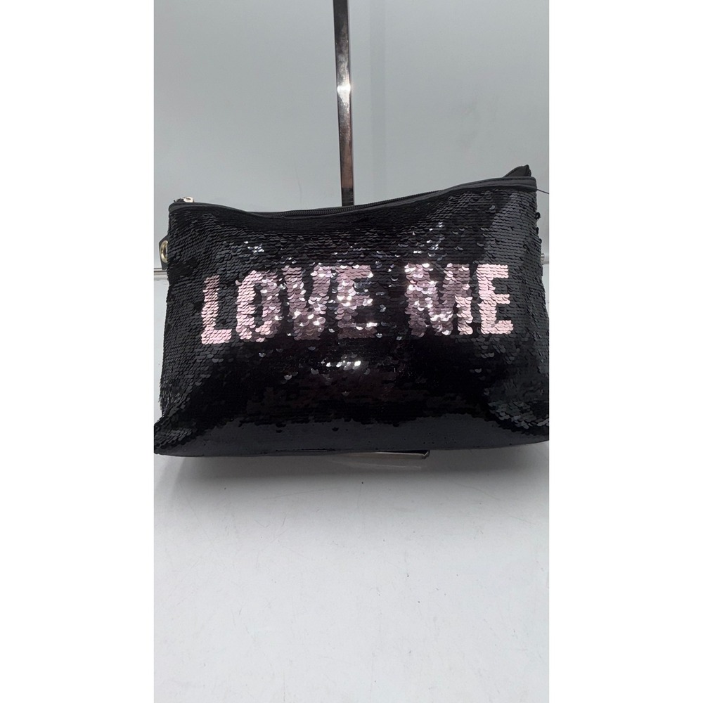 Victoria's Secret Love Victoria Sequin Makeup Bag Black Gold Heart Pouch